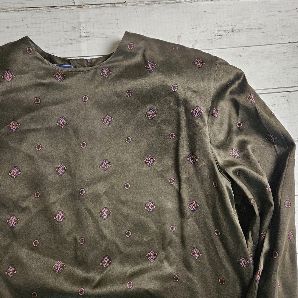 Vintage Baldanza Dark‎ Green 100% Silk Blouse Button Up Back Shoulder Pads Sz 12